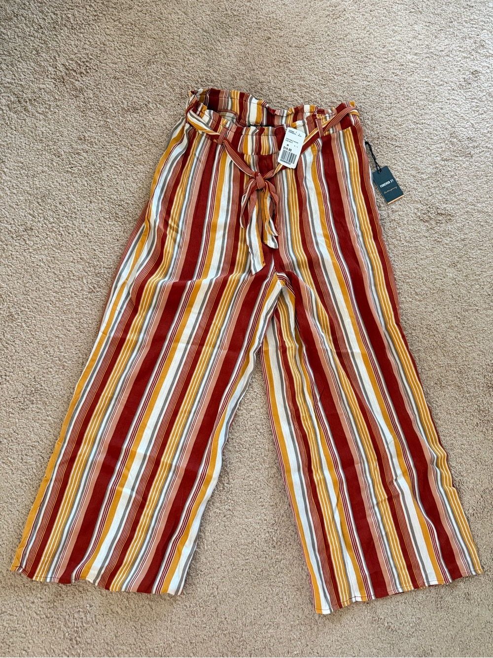 Forever 21 Rust, Mustard & White Striped Tie-Waist Pants